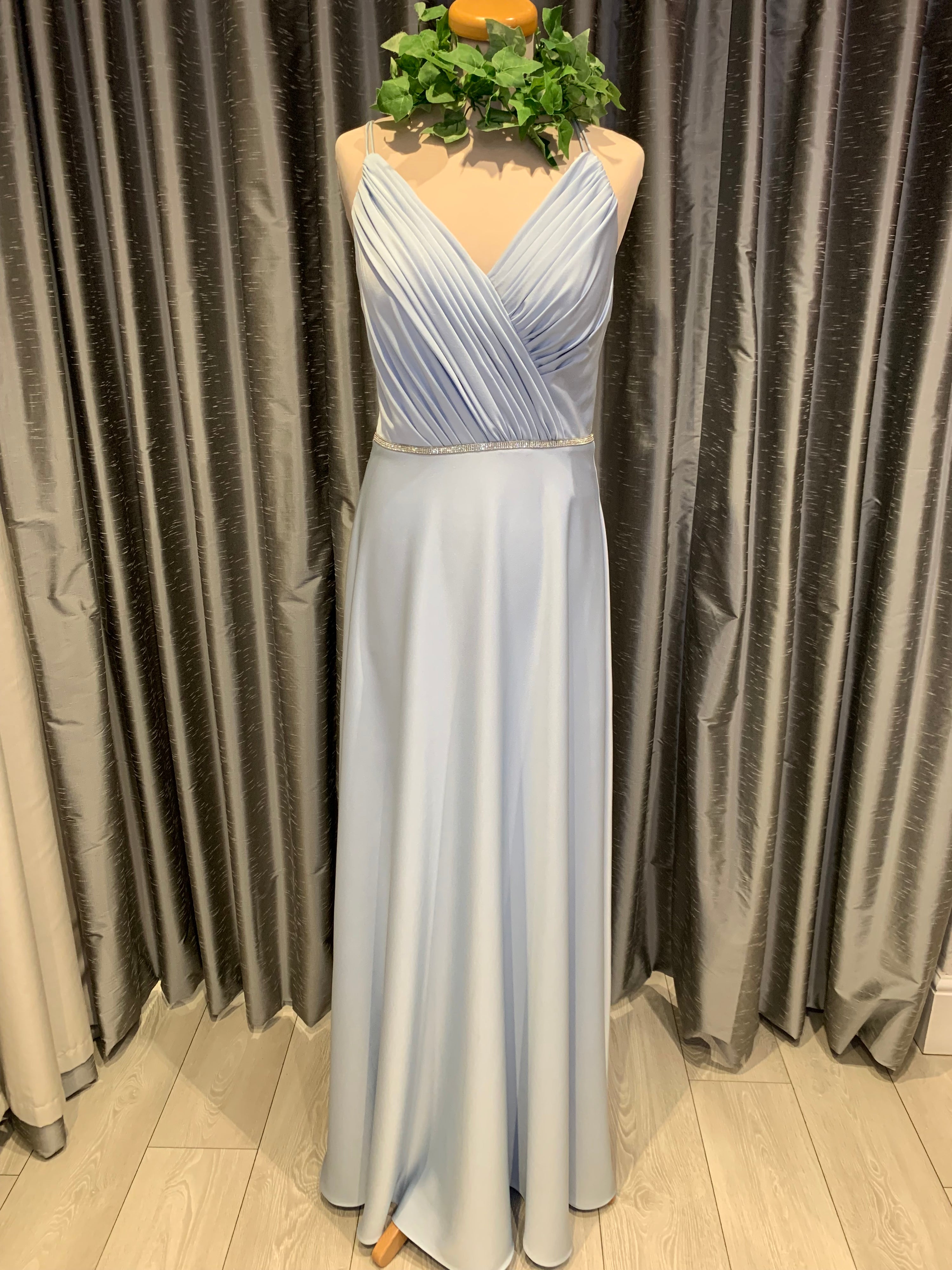 Tiffanys Dusty Blue Satin Bridesmaid Dress