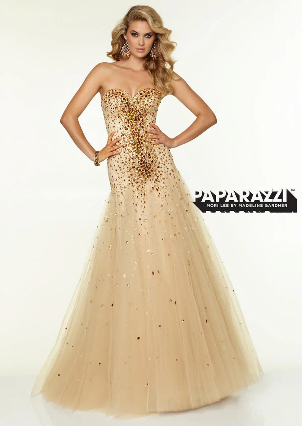 Front view of Morilee 97068 Prom Dress in bronze.