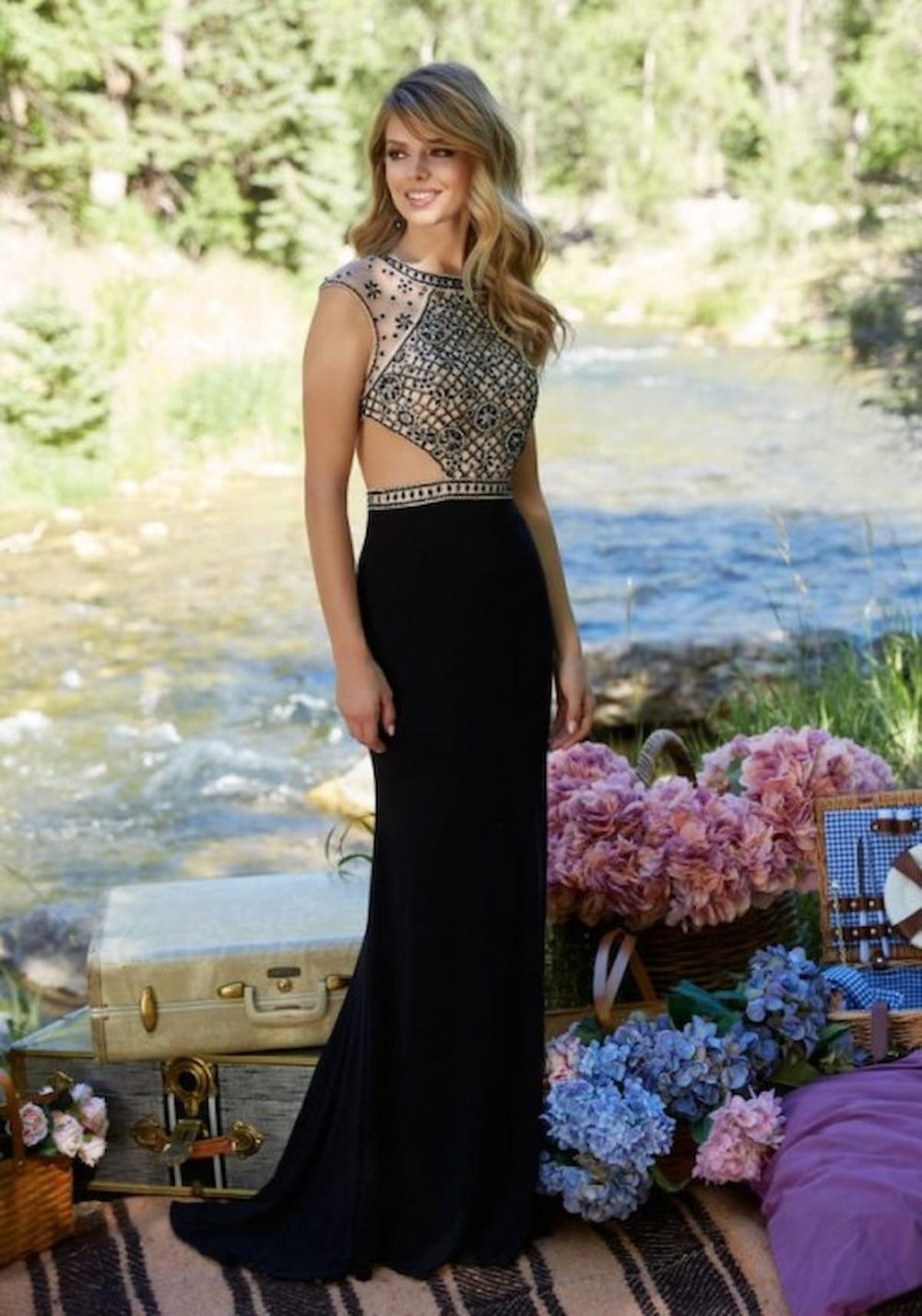 Front view of Morilee 99108 Prom Dress in black/nude.