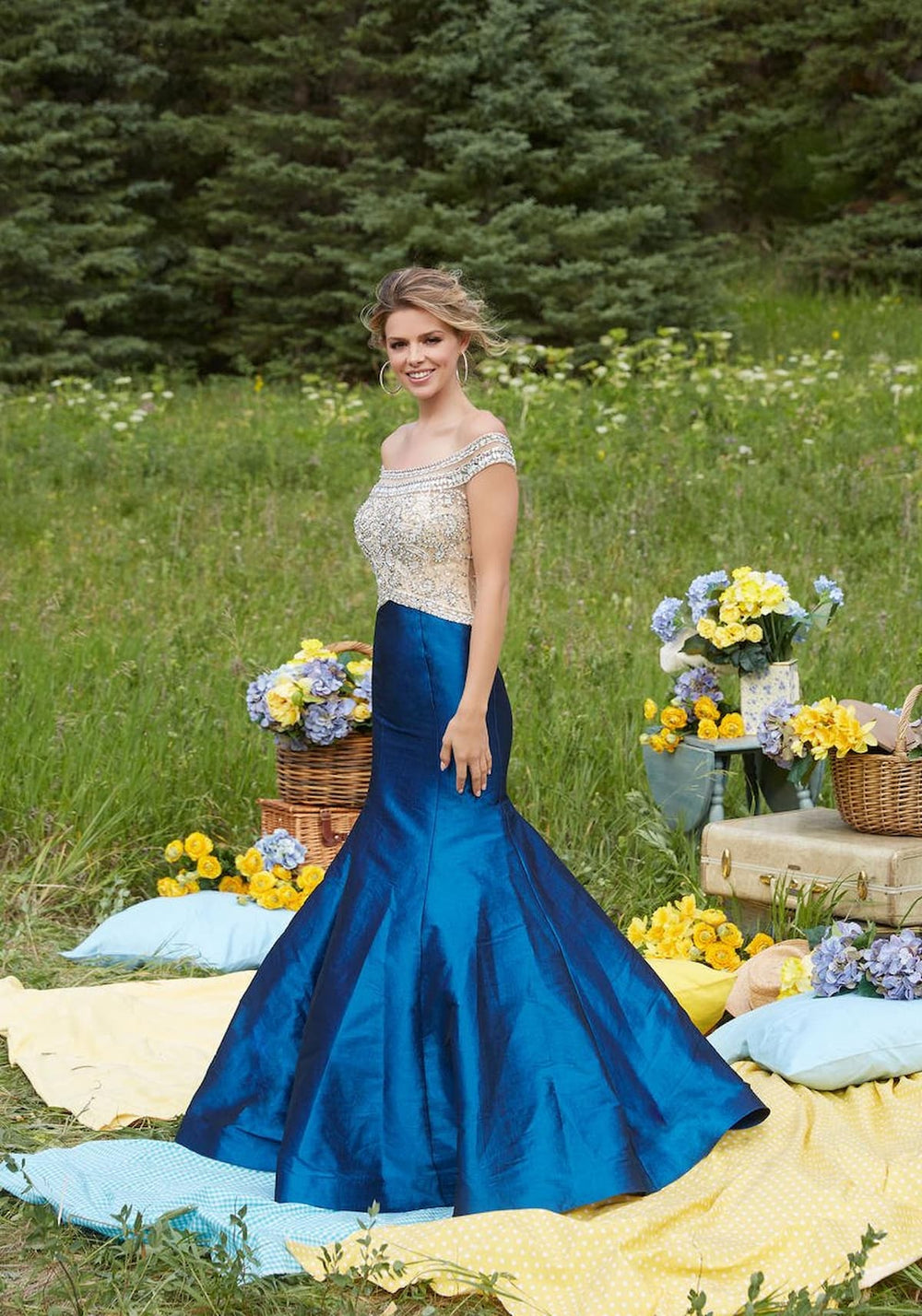 Front view of Morilee 99158 Prom Dress with nude beaded bodice and teal skirt.