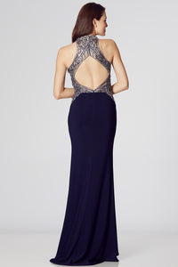 Back view of Tiffanys Kat prom dress with keyhole back in navy.